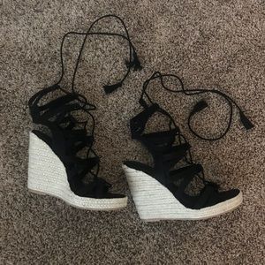 Black tie-up wedges size 8.5